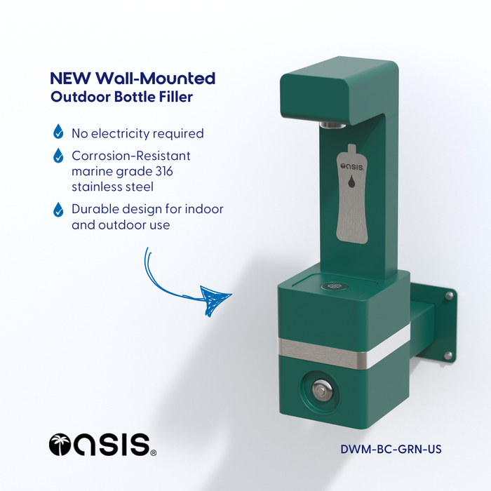 Oasis DWM-BC Outdoor On-Wall Bottle Filler – Marine-Grade 316 Stainless, No Electricity Required
