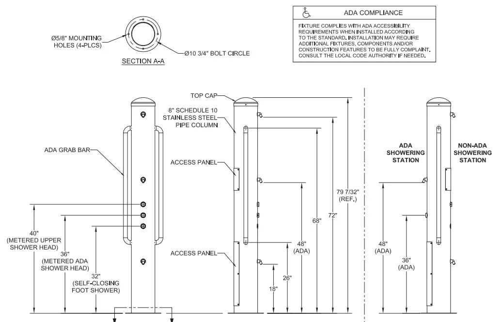 Willoughby WODS-ADA-1A-1 Accessible Stainless Steel Outdoor Shower Tower – Dual-Height - The Fountain Direct 