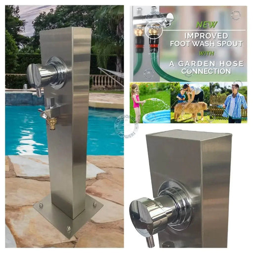 No Worries Showers Silver Stainless Steel Outdoor Foot Wash Station with Hot & Cold Mixer - The Fountain Direct 