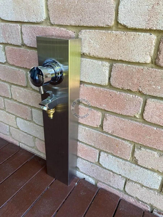 No Worries Showers Silver Stainless Steel Outdoor Foot Wash Station with Hot & Cold Mixer - The Fountain Direct 