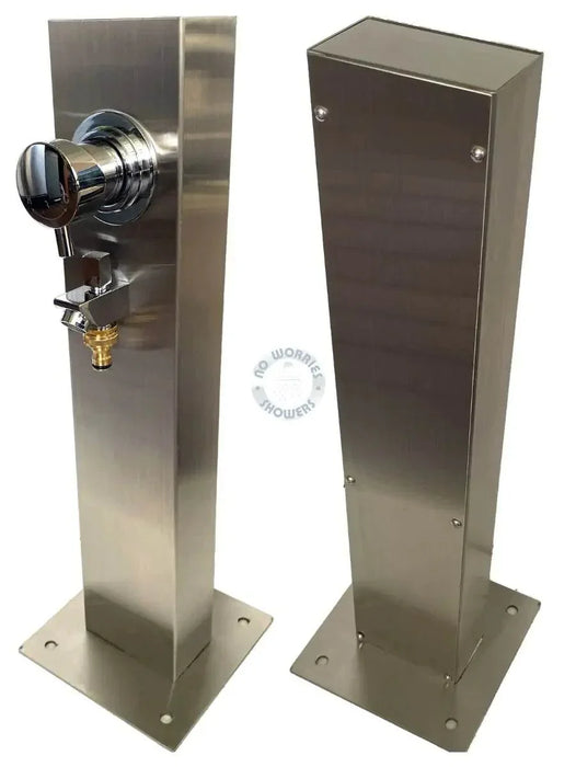 No Worries Showers Silver Stainless Steel Outdoor Foot Wash Station with Hot & Cold Mixer - The Fountain Direct 