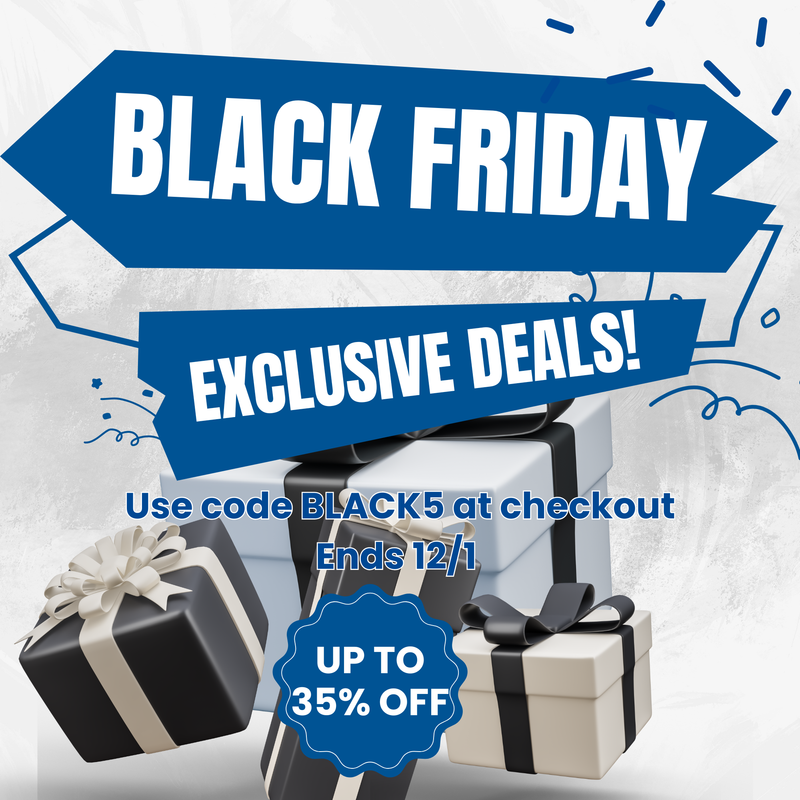 Black Friday promotional banner with gift boxes and text about exclusive deals and discounts.