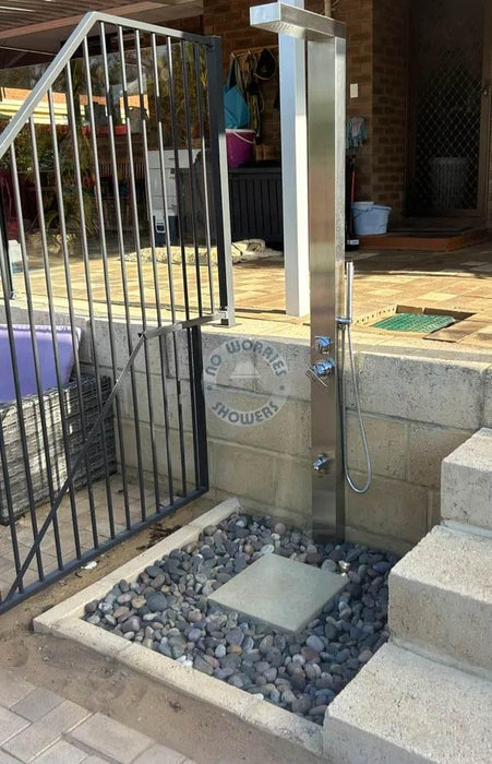 Windsor Silver Pool Shower with Handheld, Foot Wash & Rainfall Head - The Fountain Direct 